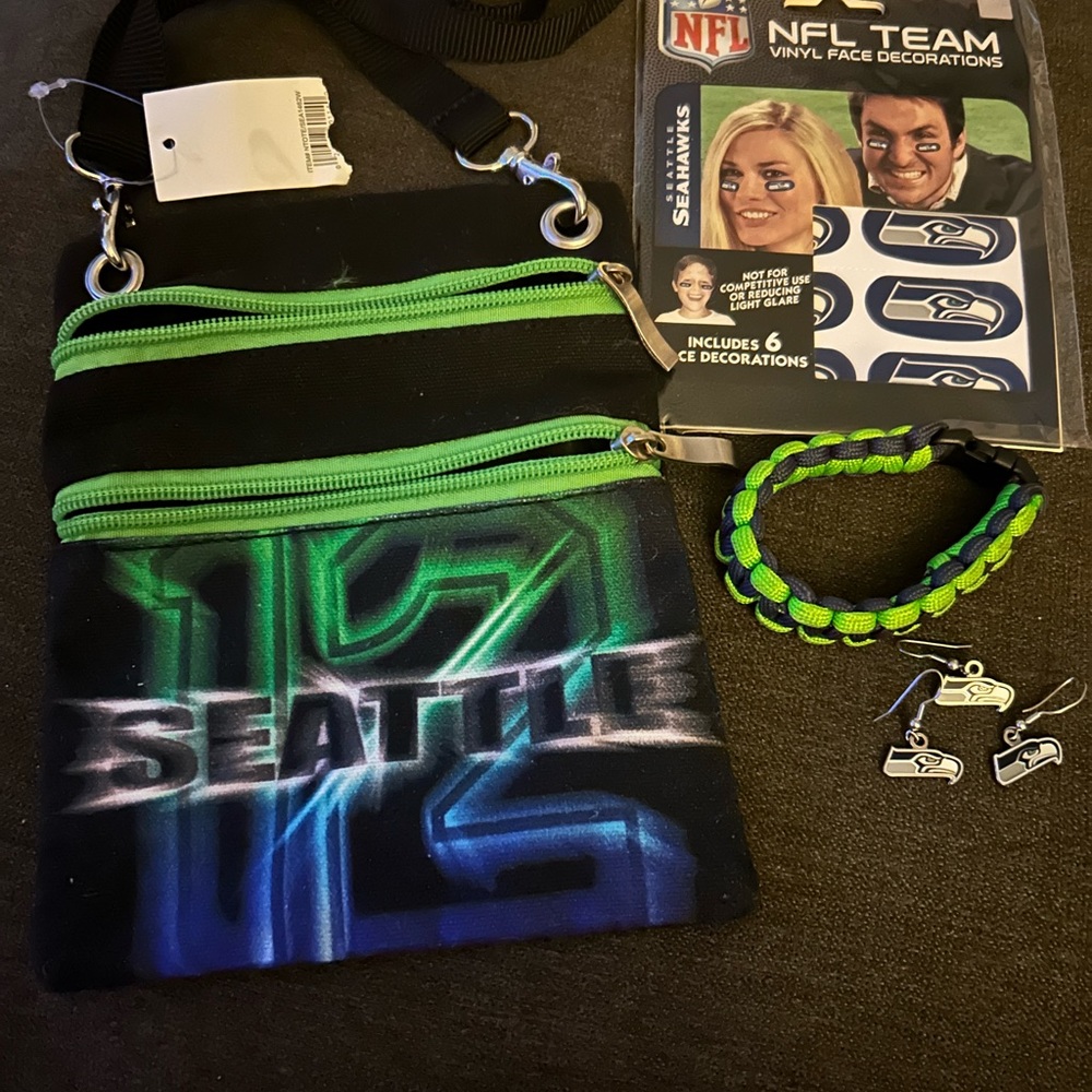 Seattle Seahawks bundle, purse,temporary tattoos, bracelet, earrings
